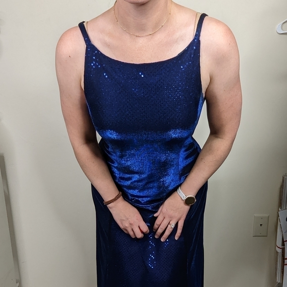 Betsy & Adam Y2k Sequin Mesh Blue A-Line Maxi Dre… - image 3